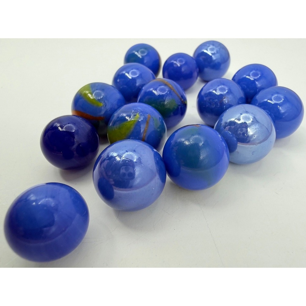 15 Blue Glass Marbles UV Glow Fire Orange Swirls & Shiny Iridescent Opaque